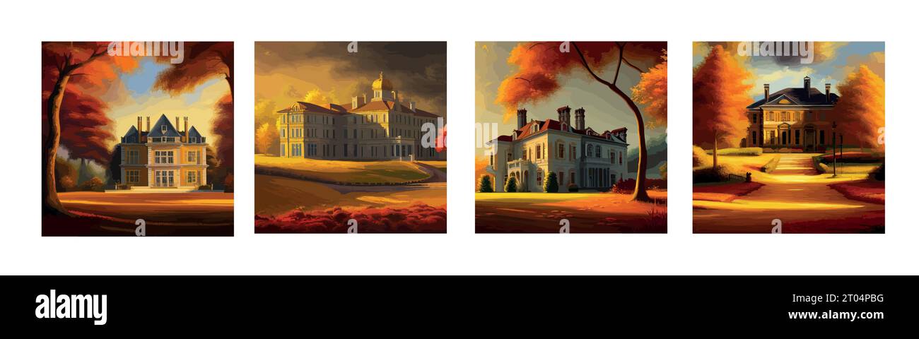 banner set Incredible landscape of meadow, orange trees on the hill and lonely castle under sunlight in a warm autumn day. vector illustration Stock Vector