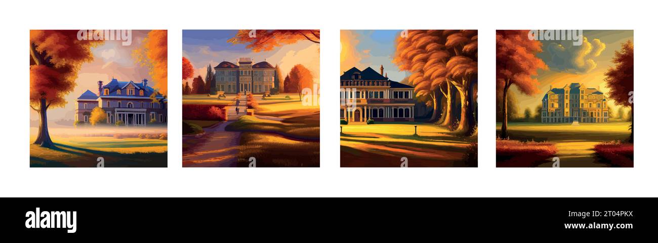 banner set Incredible landscape of meadow, orange trees on the hill and lonely castle under sunlight in a warm autumn day. vector illustration Stock Vector