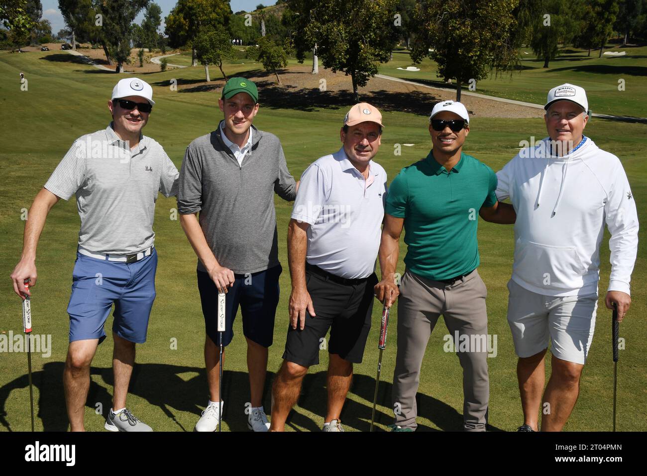 TARZANA, CALIFORNIA - OCTOBER 02: (L-R) Scott Burroughs, Eli Perlmutter, Dave Oaks, Greg Tarzan Davis and Mark Hoffman attend the Music Forward Founda Stock Photo