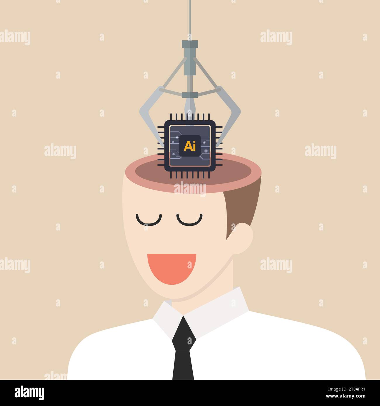Robot arm put AI processing chip into human brain. machine learning and cyber mind domination concept. vector illustration. Stock Vector