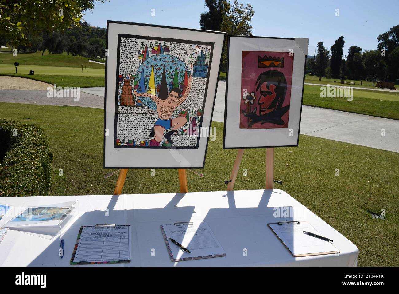 TARZANA, CALIFORNIA - OCTOBER 02: Silent Auction items at the Music Forward Foundation Golf Classic at El Caballero Country Club on October 2, 2023 in Stock Photo