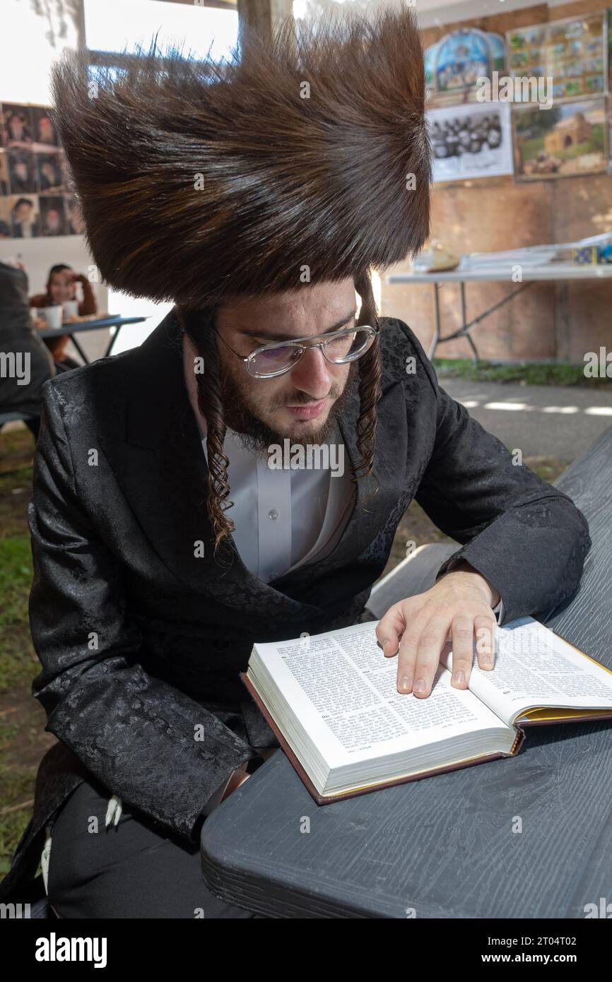On Sukkos, an orthodox rabbi wearing a shtreimel fur hat reads psalms ...