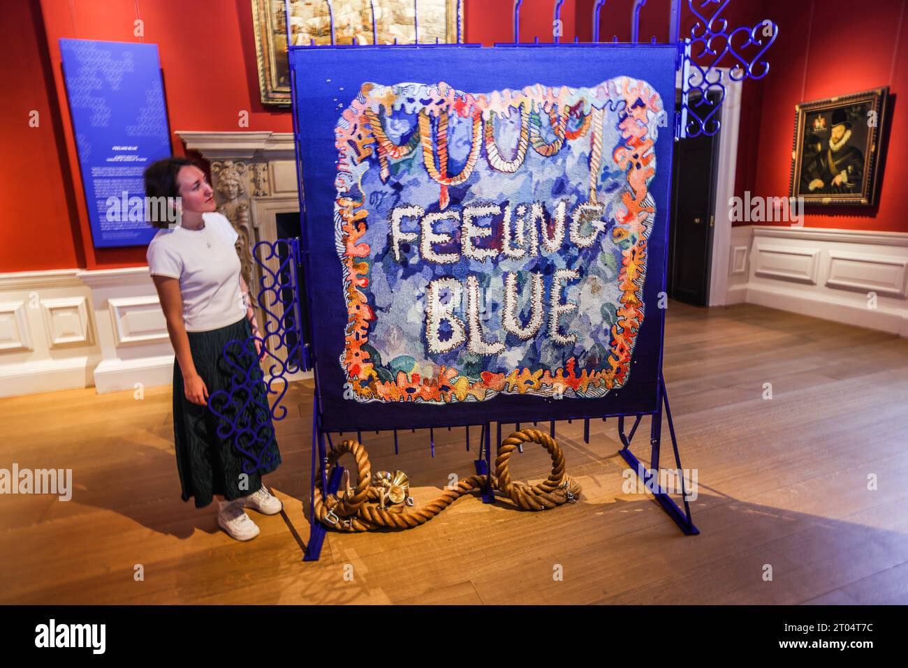 London, UK. 04th Oct, 2023. Royal Museums Greenwich unveiled a major new commission opening at the Queen's House The piece, by artist Alberta Whittle, is called ‘Feeling Blue' and was woven in Edinburgh by Dovecot. Is displayed on powder-coated steel gates, designed by Whittle and made at Glasgow Sculpture Studios. Credit: Paul Quezada-Neiman/Alamy Live News Stock Photo