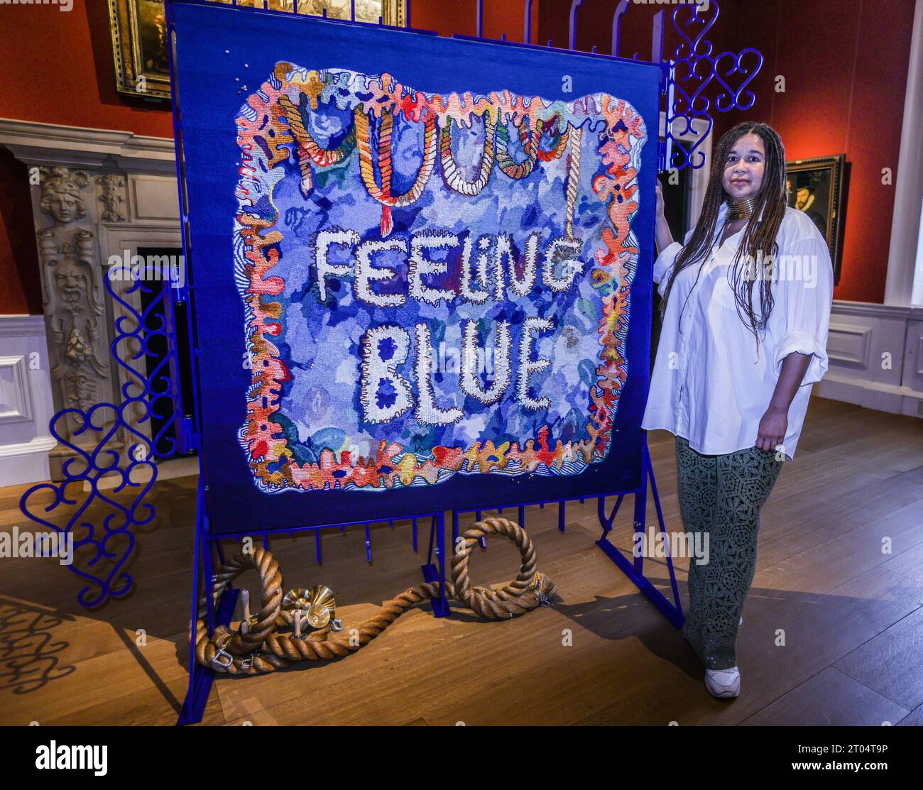 London, UK. 04th Oct, 2023. Royal Museums Greenwich unveiled a major new commission opening at the Queen's House The piece, by artist Alberta Whittle Pictured is called ‘Feeling Blue' and was woven in Edinburgh by Dovecot. Is displayed on powder-coated steel gates, designed by Whittle and made at Glasgow Sculpture Studios. Credit: Paul Quezada-Neiman/Alamy Live News Stock Photo
