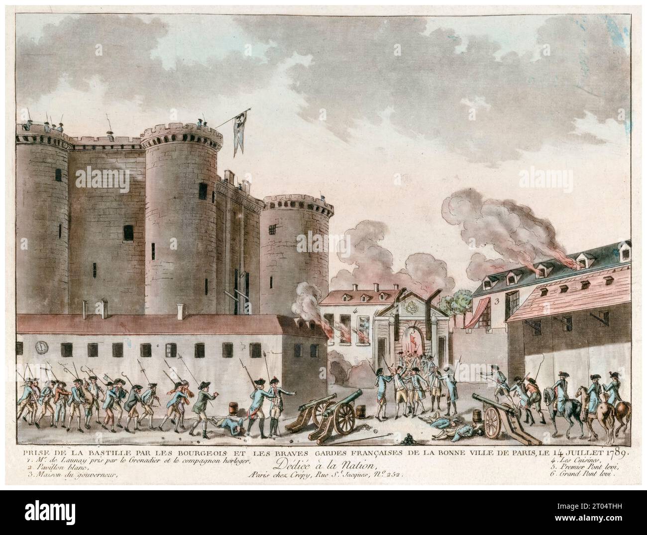 Storming of the Bastille by the bourgeois and the brave French Guards of the good city of Paris, July 14th 1789, French revolution, hand coloured engraving, 1789 Stock Photo