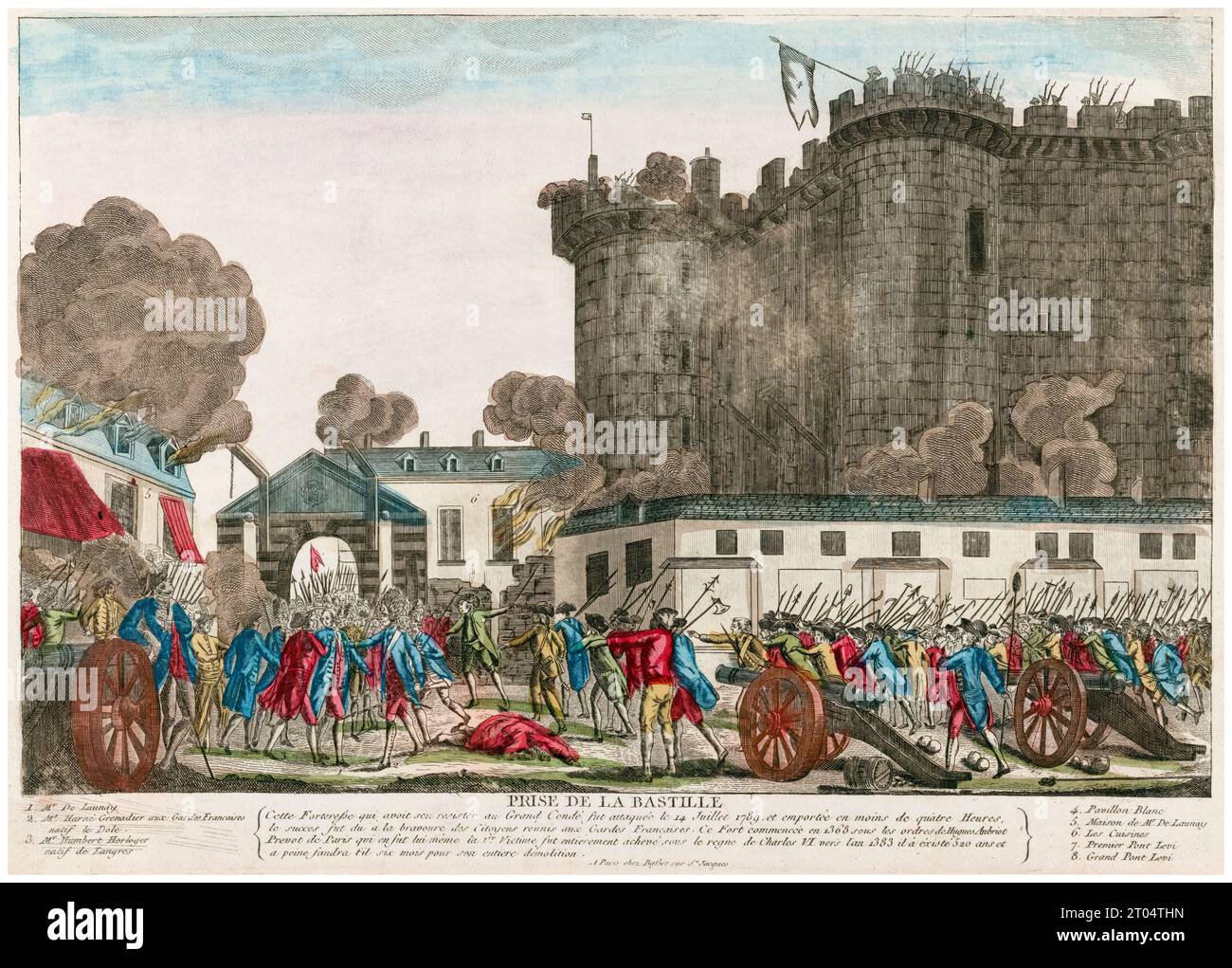 The arrest of Bernard René Jourdan, Marquis de Launay at the Storming of the Bastille, July 14th 1789, French revolution, hand coloured engraving, 1789 Stock Photo