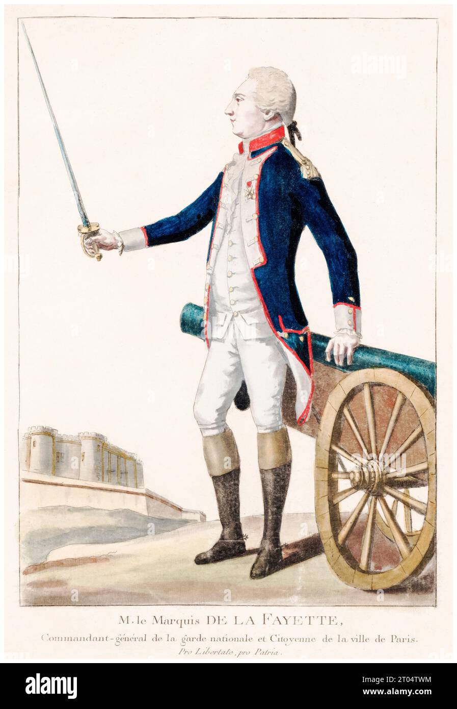 Lafayette. Portrait of French aristocrat, freemason, and military officer, Gilbert du Motier, Marquis de La Fayette (1757-1834). Commander-General of the National Guard and citizen of the city of Paris, hand coloured engraving, 1789-1792 Stock Photo