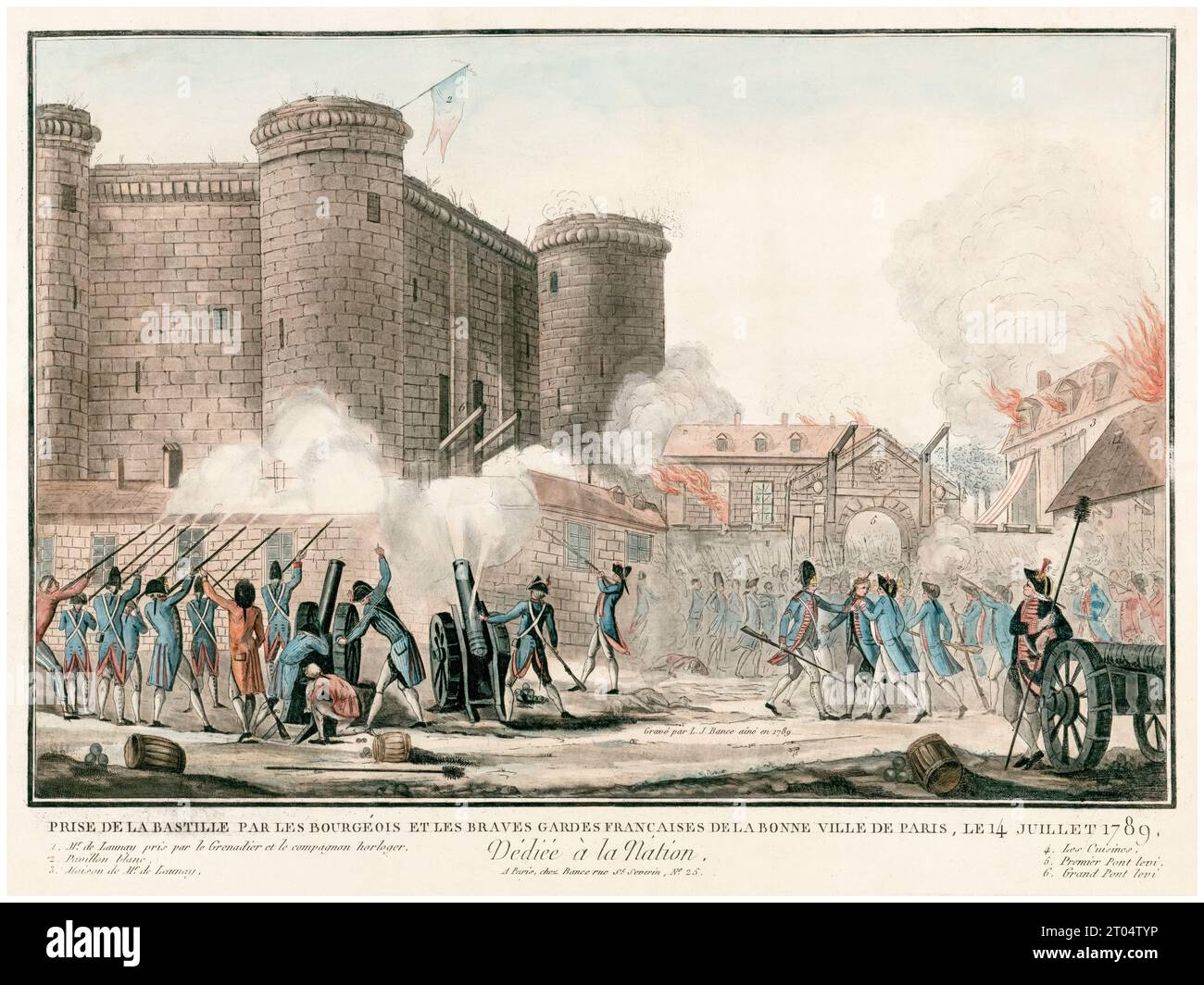Storming of the Bastille by the bourgeois and the brave French Guards of the good city of Paris, July 14th 1789, hand coloured engraving by Jacques-Louis Bance, 1789 Stock Photo