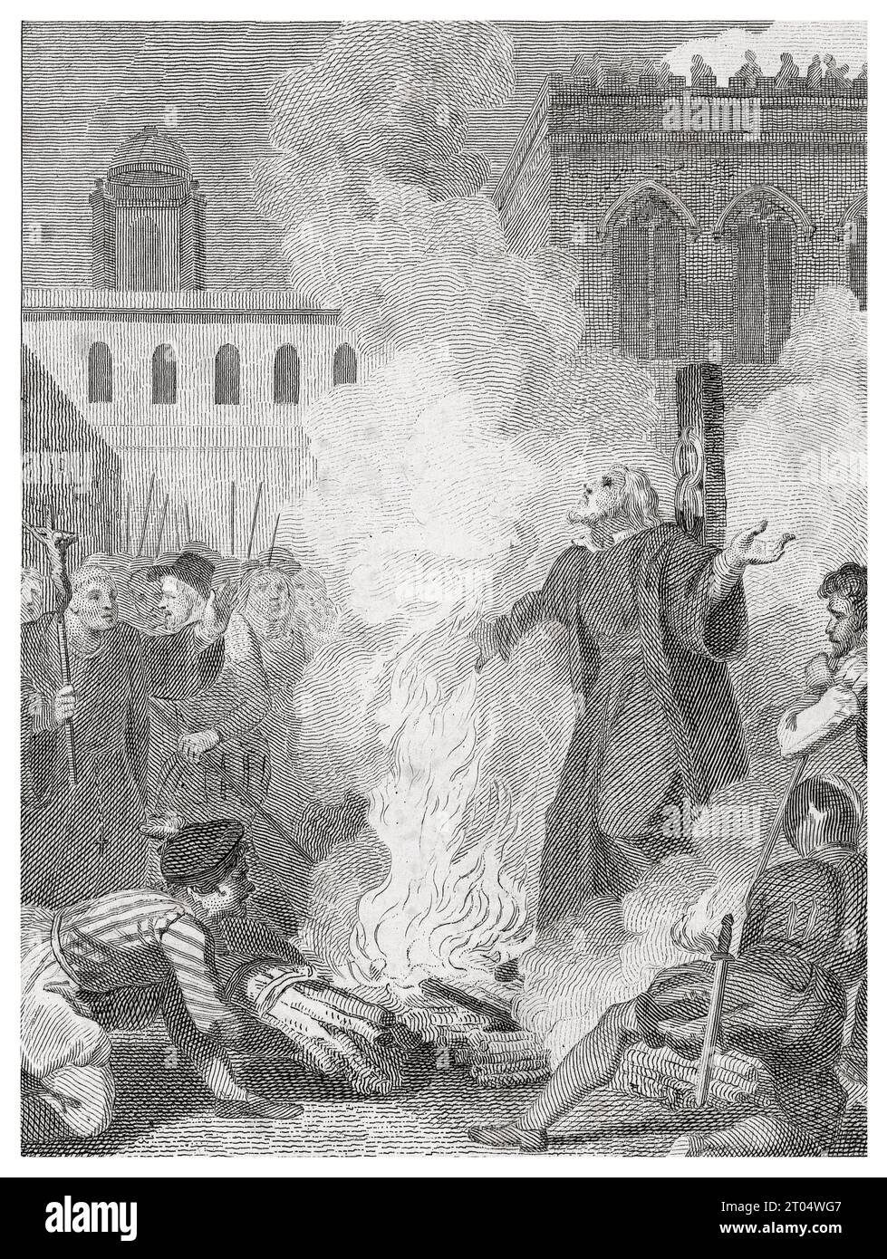 The burning of Thomas Cranmer (1489-1556), Archbishop of Canterbury, engraving in etching by Anker Smith after Robert Smirke, 1811 Stock Photo