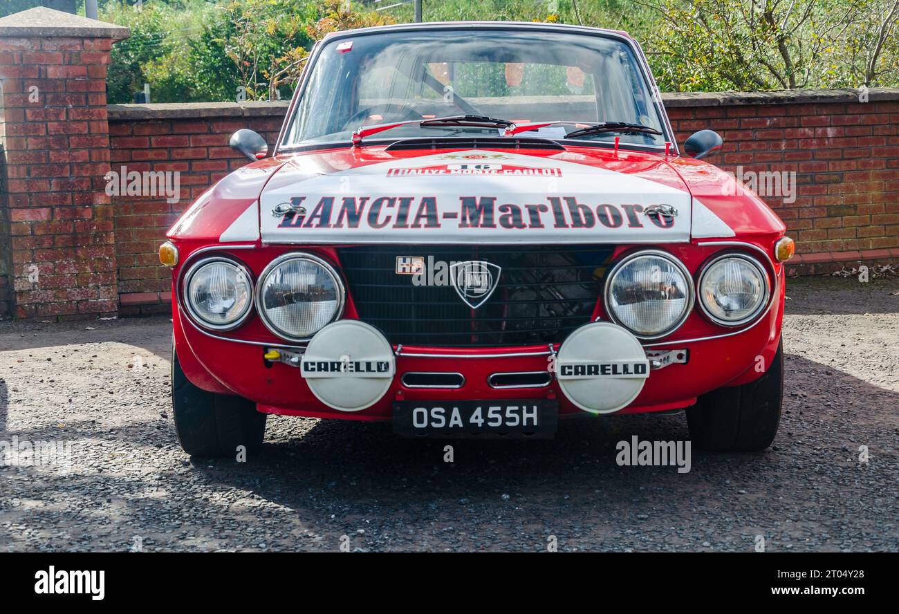Carryduff, County Down, Northern Ireland September 23 2023 - Red Lancia HF rally car at a local motor show in Carryduff Belfast Stock Photo
