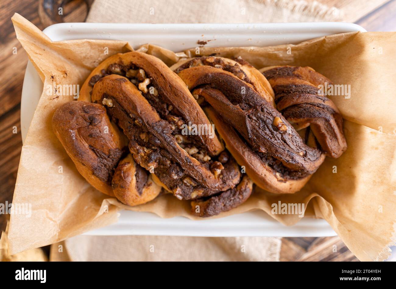 Freshly baked Chocolate babka, top view. Stock Photo