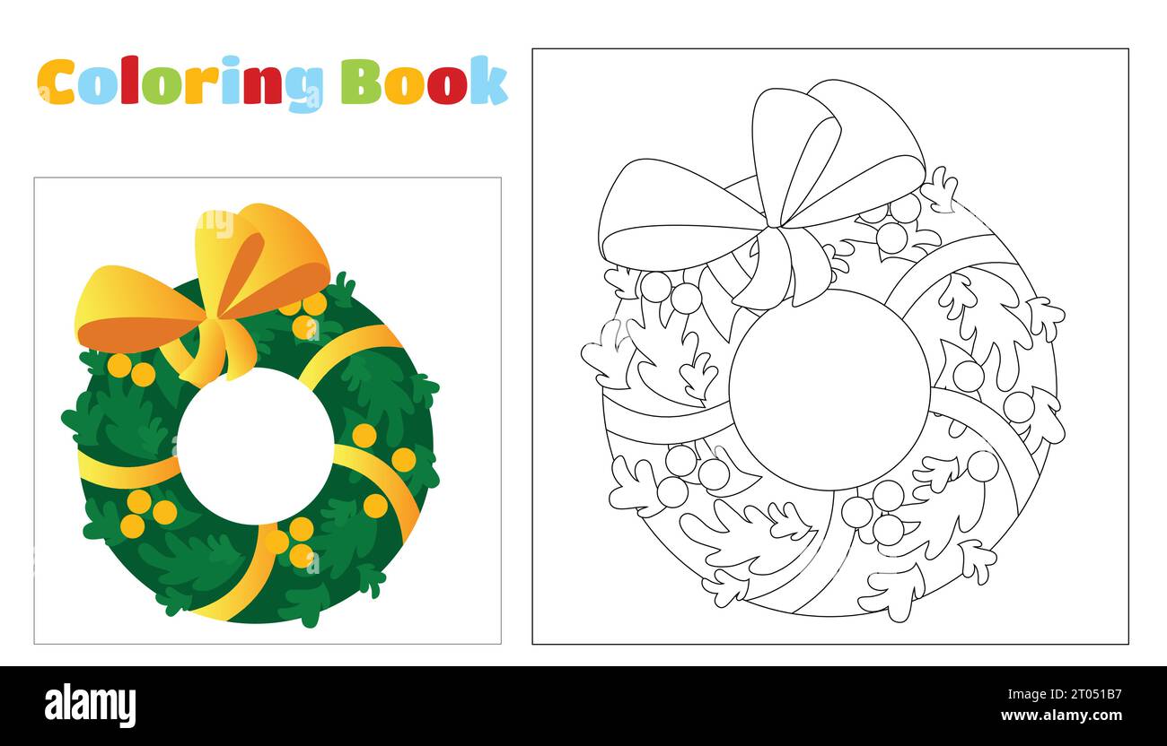Coloring decorative Christmas wreath. The wreath is decorated with balls, a ribbon and a bow. Coloring page for children of preschool. Stock Vector