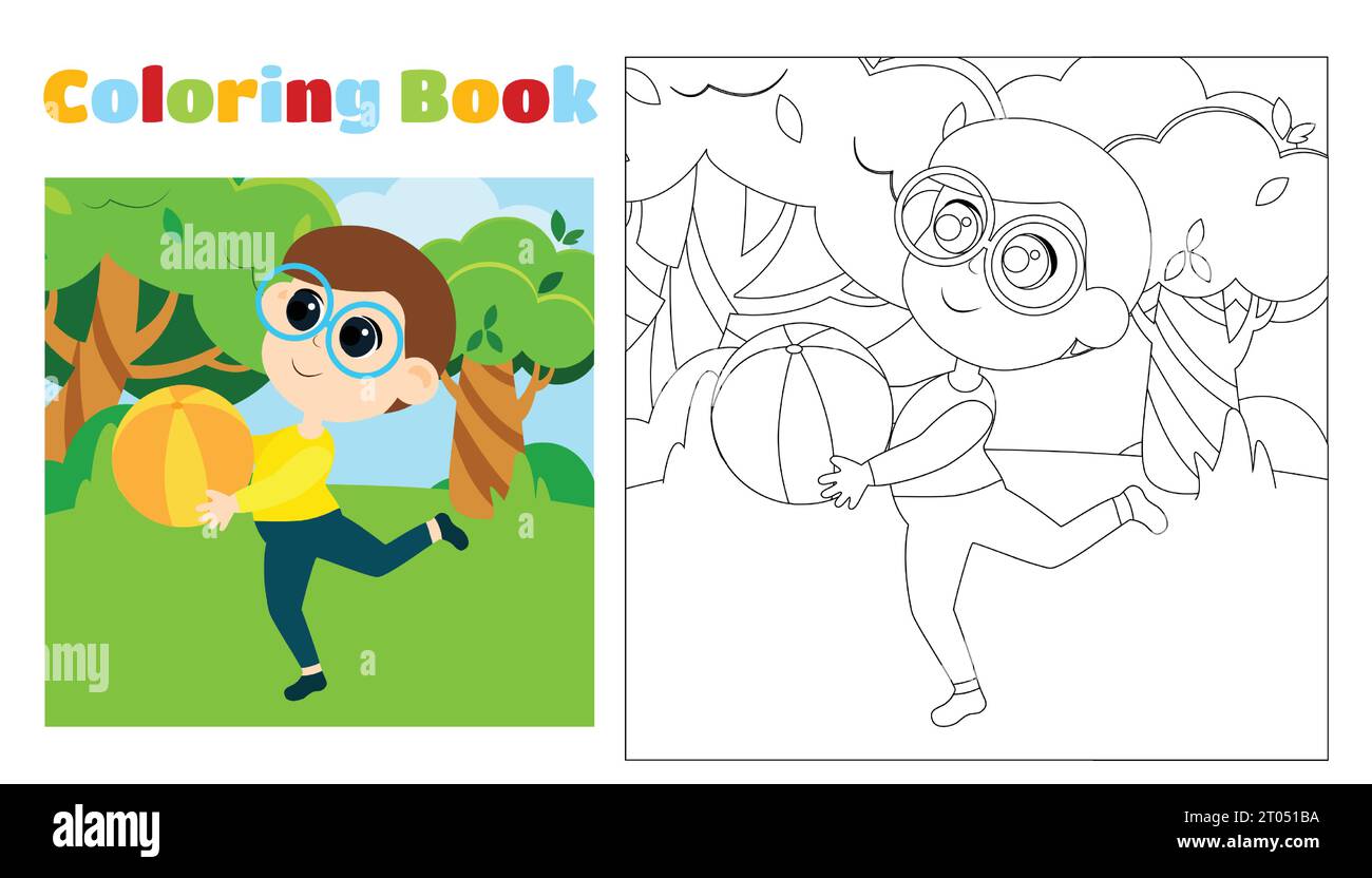 Children's coloring boy runs with a ball in his hands in the park in a cartoon style. Coloring page for children aged 4-8 in kindergarten and elementa Stock Vector