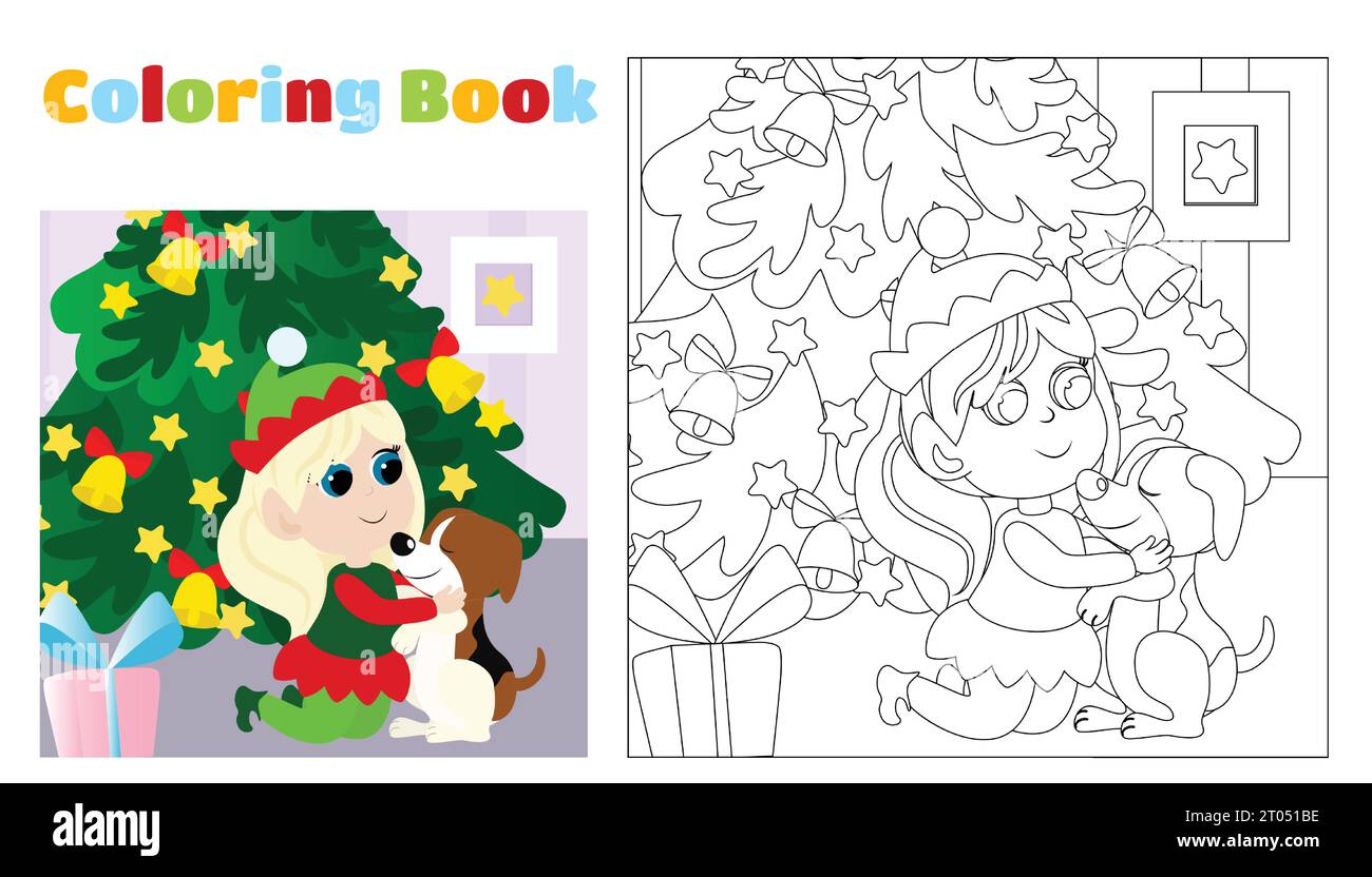 Christmas coloring book of a little elf girl sitting near a Christmas tree with a dog. A feeling of holiday and coziness. Coloring book for children. Stock Vector