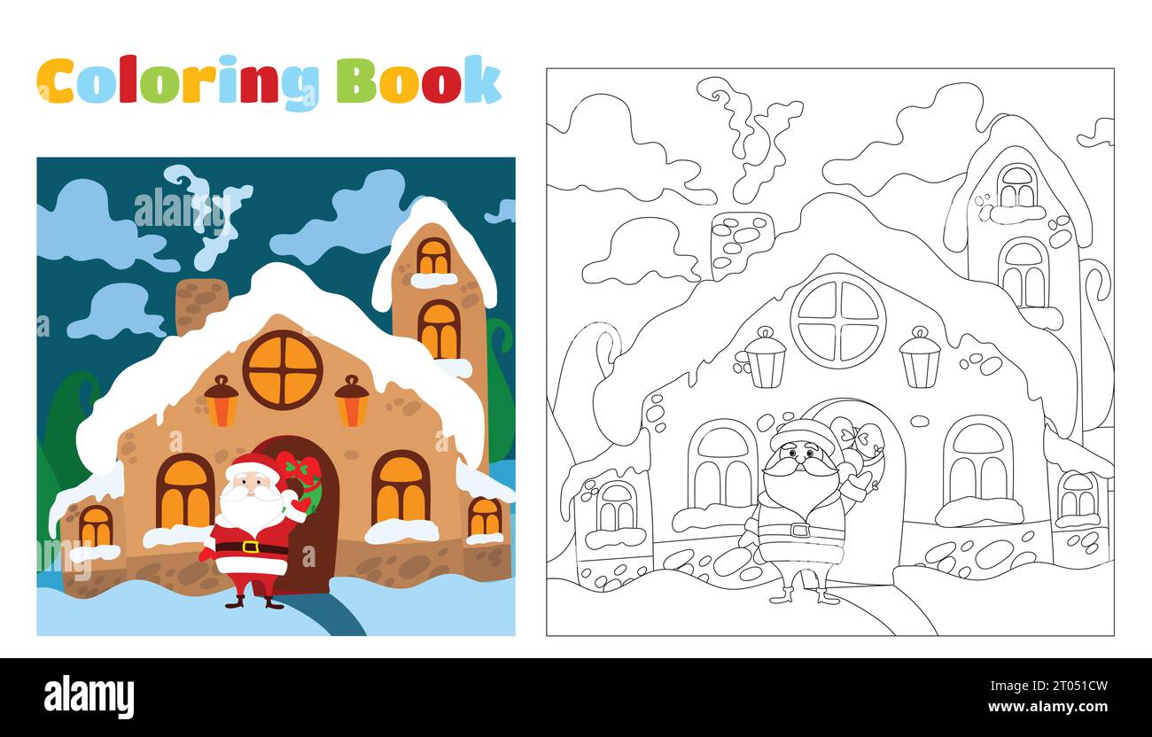 Christmas coloring book for children and adults. Santa Claus is standing near the door of his house. Stock Vector