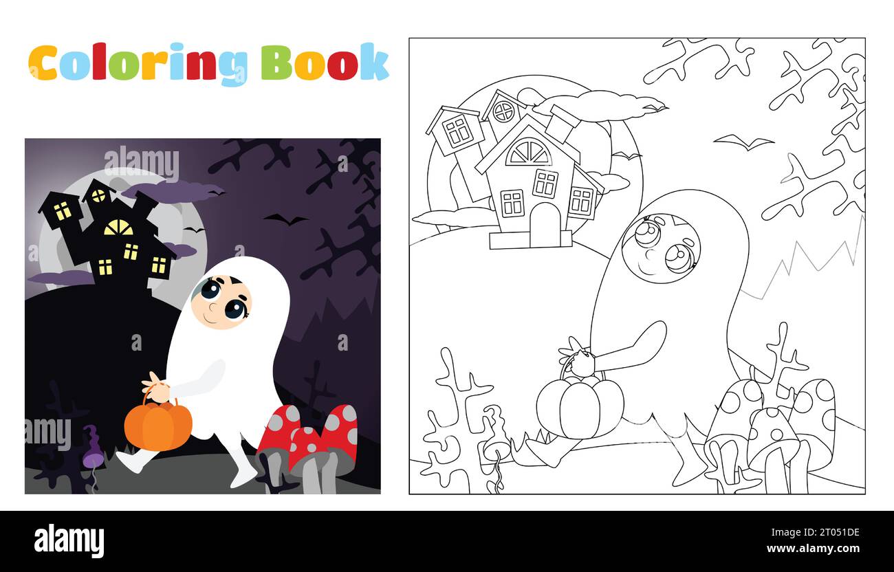 Halloween coloring book for children. A small child is dressed in a ghost costume and goes to the castle on the mountain. The child is very cute. Stock Vector