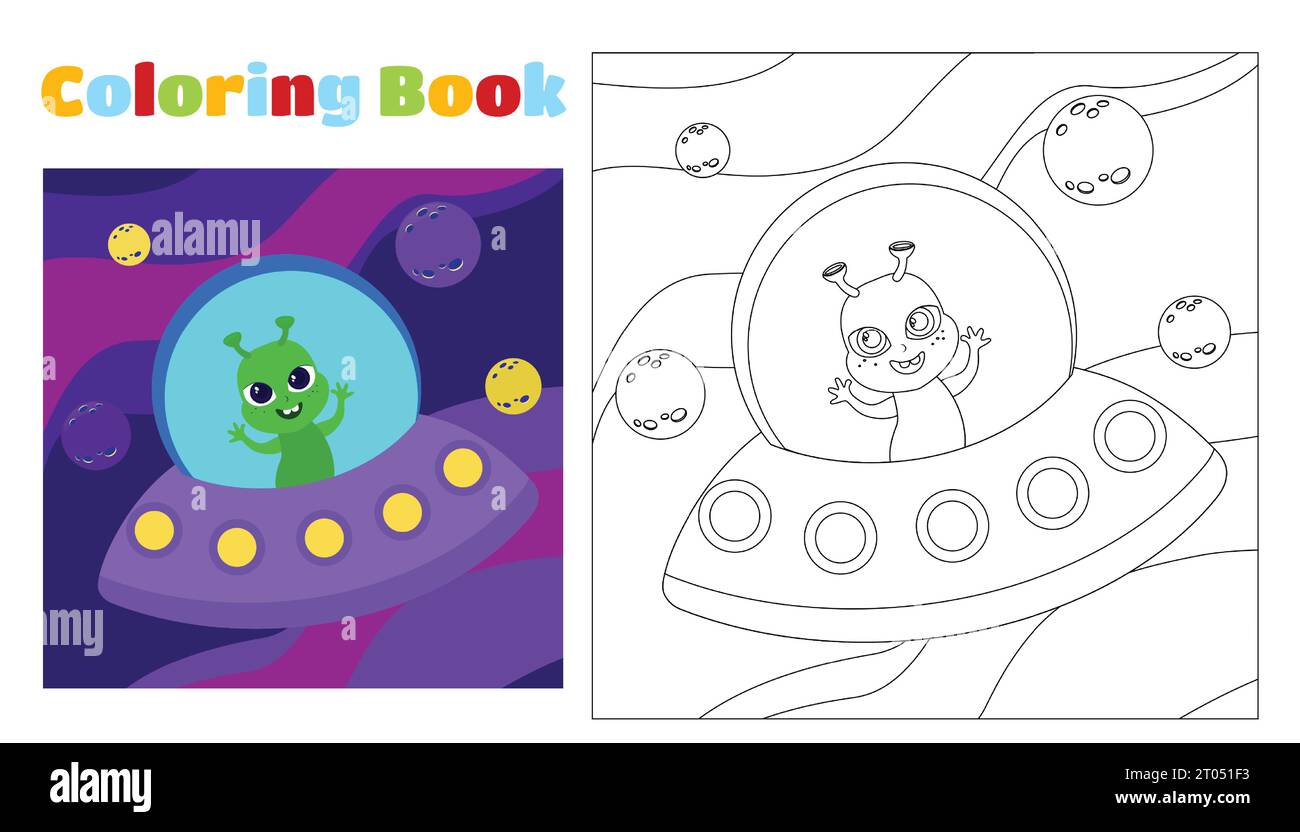 Children's coloring friendly alien flies in space on a flying saucer. Coloring page for children aged 4-8 in kindergarten and elementary school. Illus Stock Vector