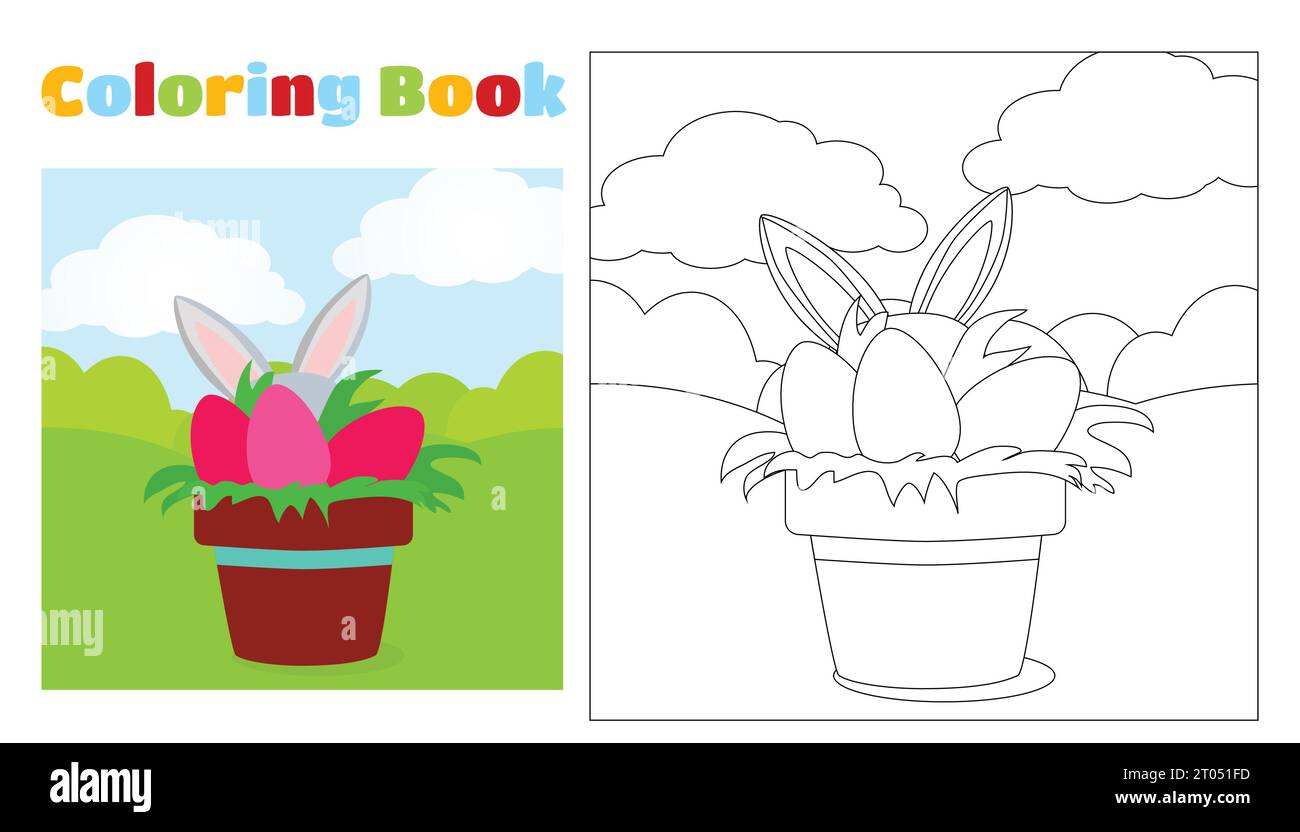Children's coloring decorative Easter eggs in a pot and bunny ears nearby. Coloring page for children ages 4-11 in kindergarten and elementary school. Stock Vector