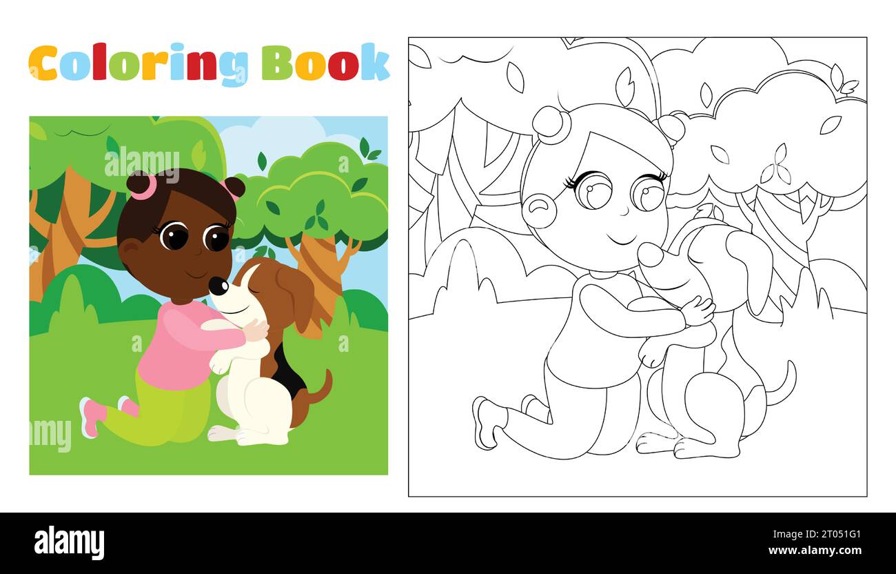 Children's coloring book little girl with a dog in the park in cartoon style. Coloring page for children aged 4-8 in kindergarten. Stock Vector