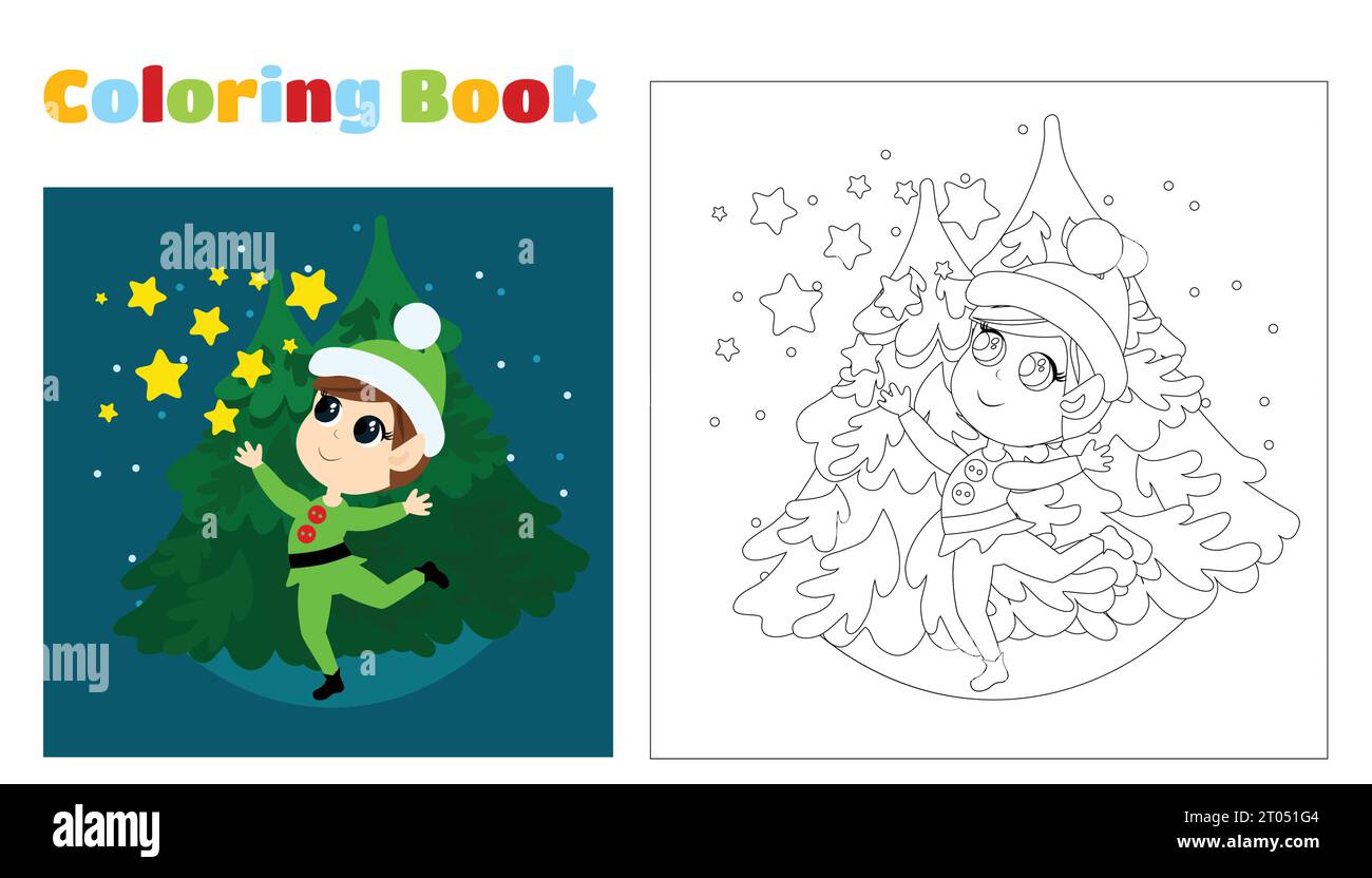 Christmas coloring for children. Little cute elf runs and scatters the stars. The child is happy and smiling. The boy is wearing green elf clothes. Stock Vector