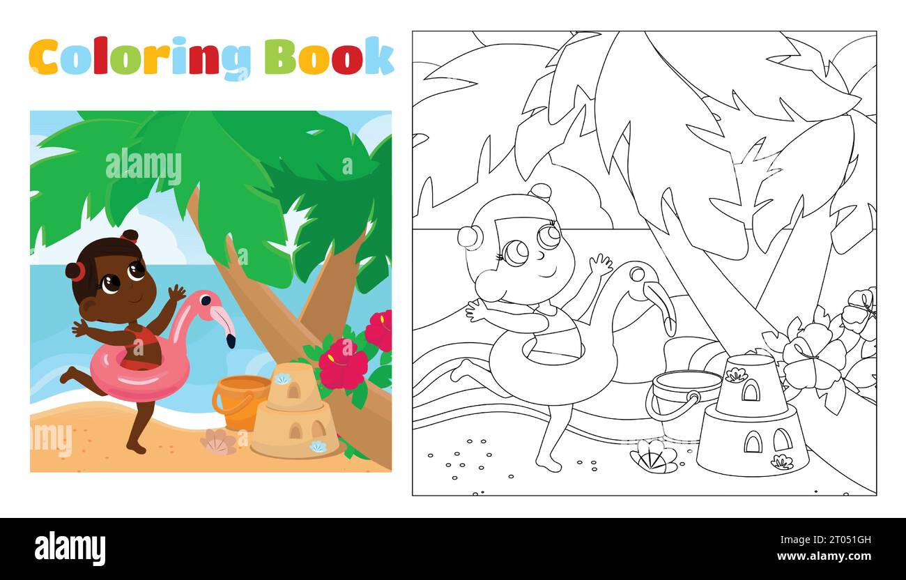 Coloring book for children a girl with an inflatable flamingo ring on the seashore near a palm tree and a sand castle. Pages for kindergarten. Stock Vector