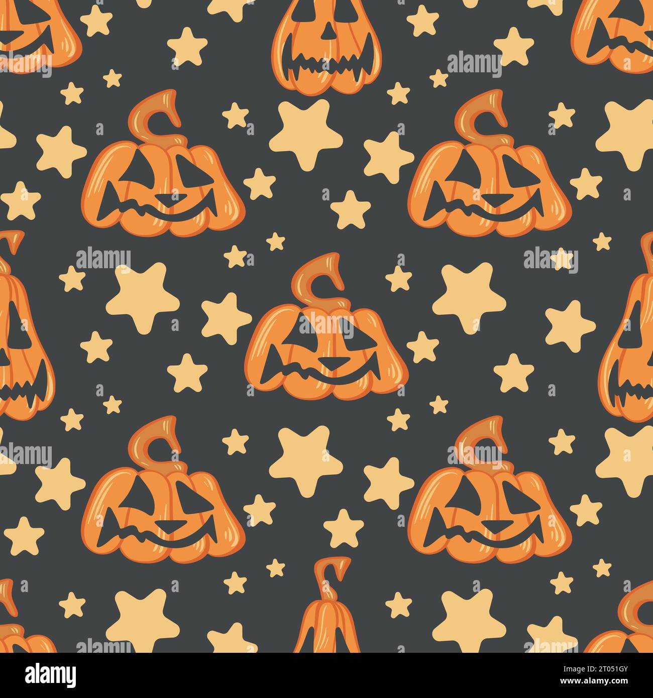 Cute Halloween background with pumpkins and stars. Stardust and pumpkin characters seamless pattern. Holiday child print for textiles, paper, packagin Stock Vector