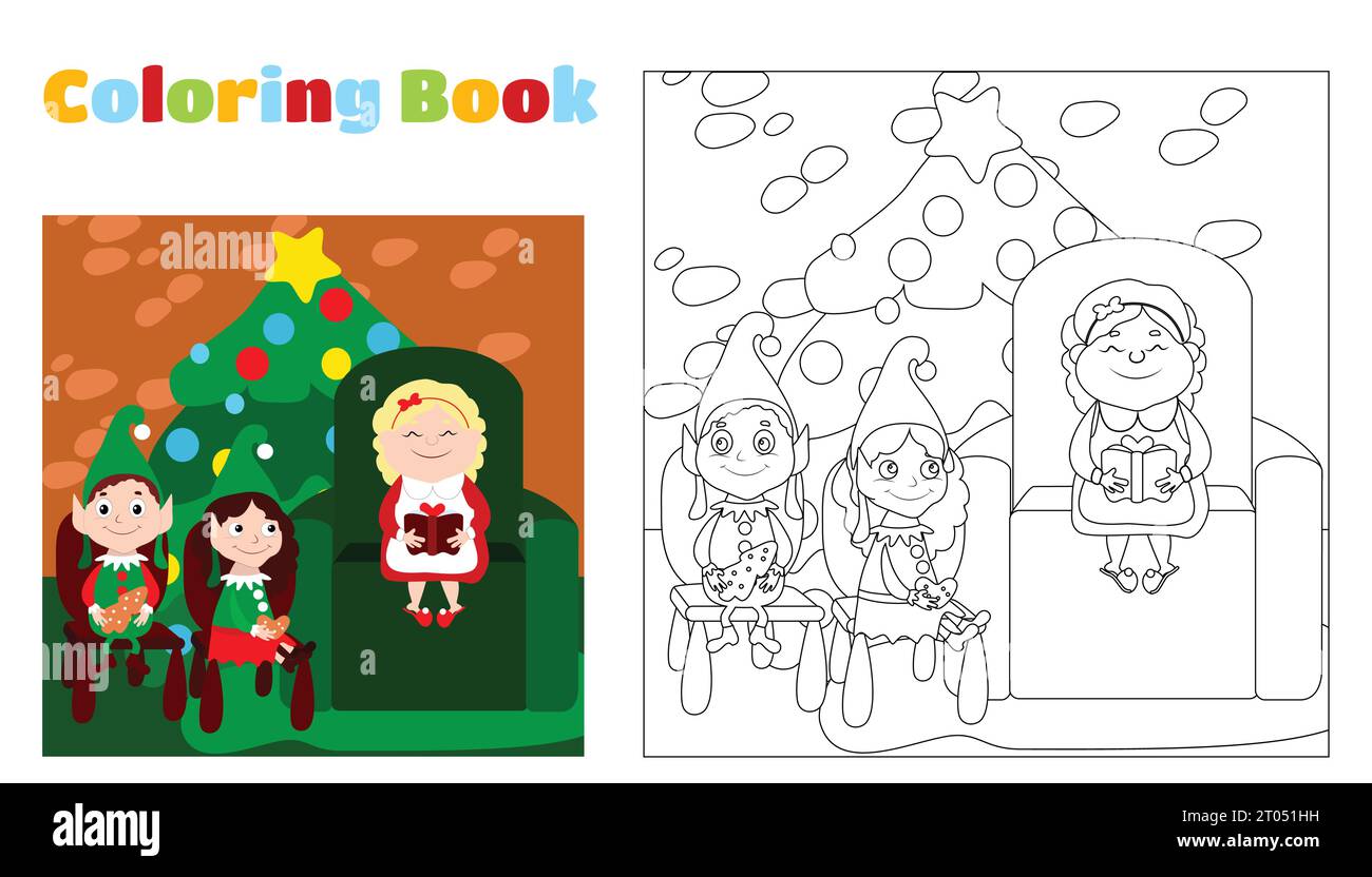 Christmas coloring. Mrs. Santa Claus and little elves are sitting near the Christmas tree. Mrs. Santa is reading a book to the elves. Stock Vector