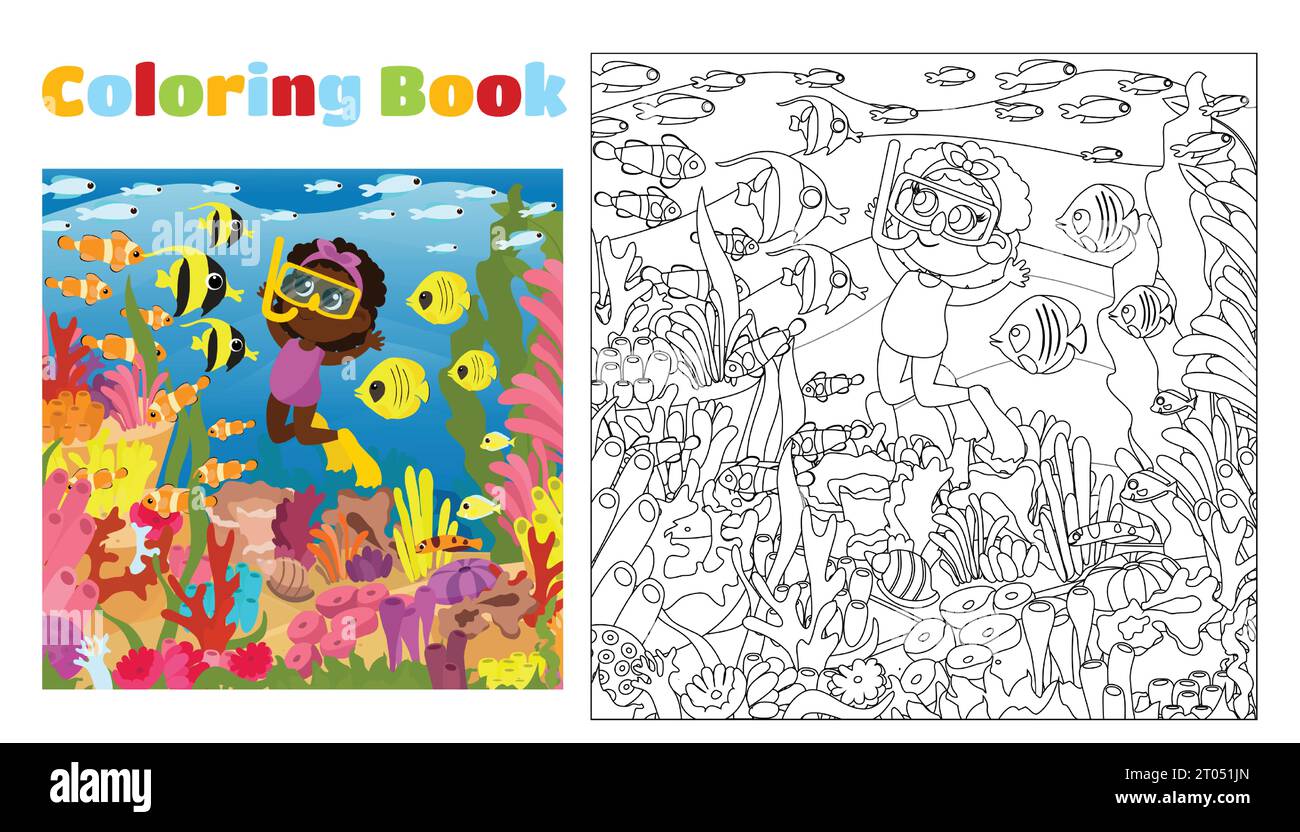 Coloring book for children from 4 to 11 years old. Under the water near the coral reefs, an aquadiver girl swims with fish.Cute baby is happy. Rich un Stock Vector