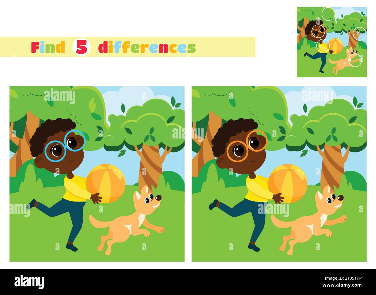 Find the differences. Boy running in park near trees with ball and dog in cartoon style. An educational game for children in elementary school. Stock Vector