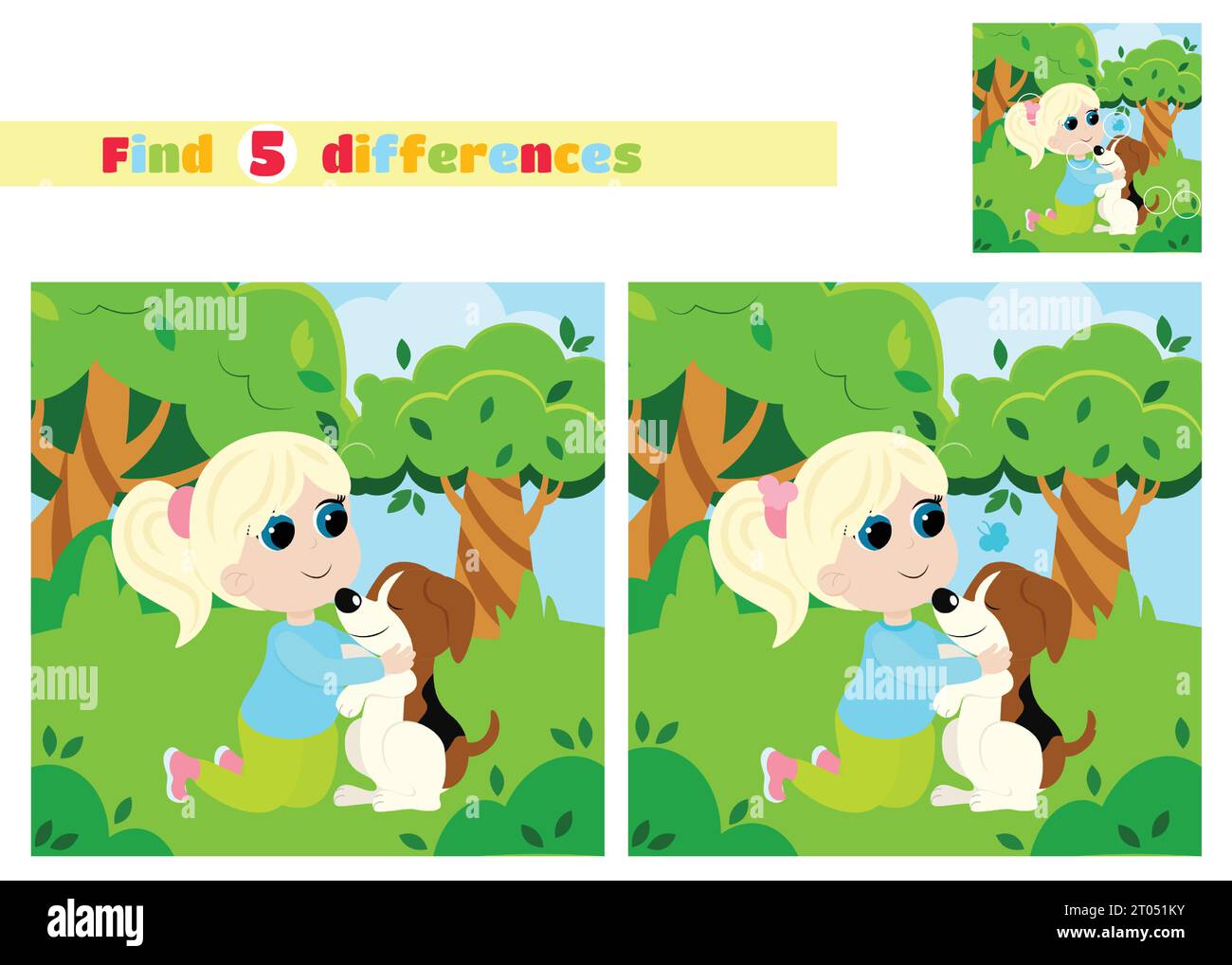 Find the differences. A girl and a dog are playing in the park in nature. An educational game for children in elementary school or kindergarten. Stock Vector