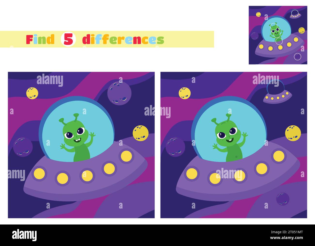 Find the differences. A small friendly alien inside a flying saucer in a cartoon style. An educational game for children in elementary school. Stock Vector