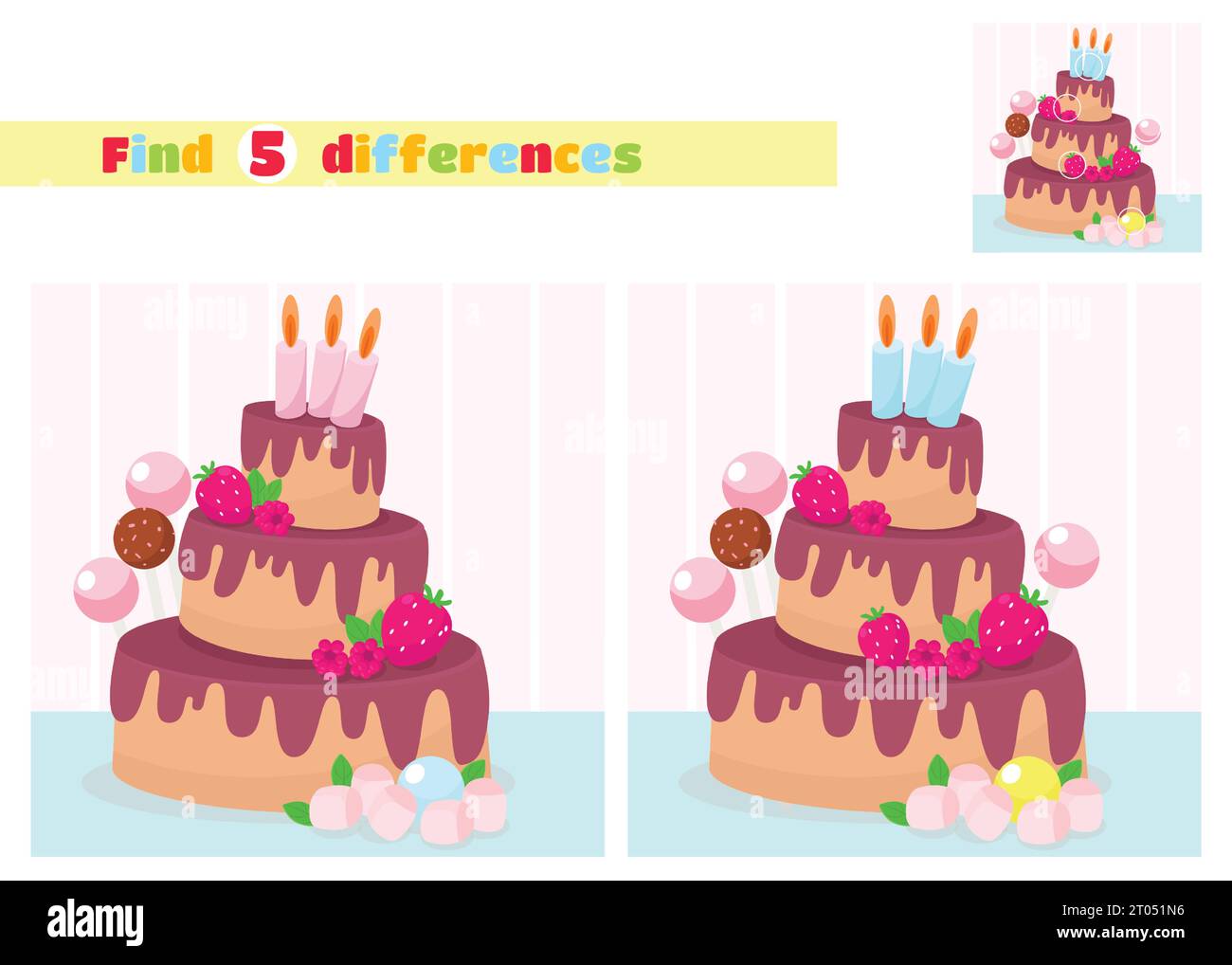 Find the differences. Multi-tiered birthday cake with candles. An educational game for children in elementary school or kindergarten. Stock Vector