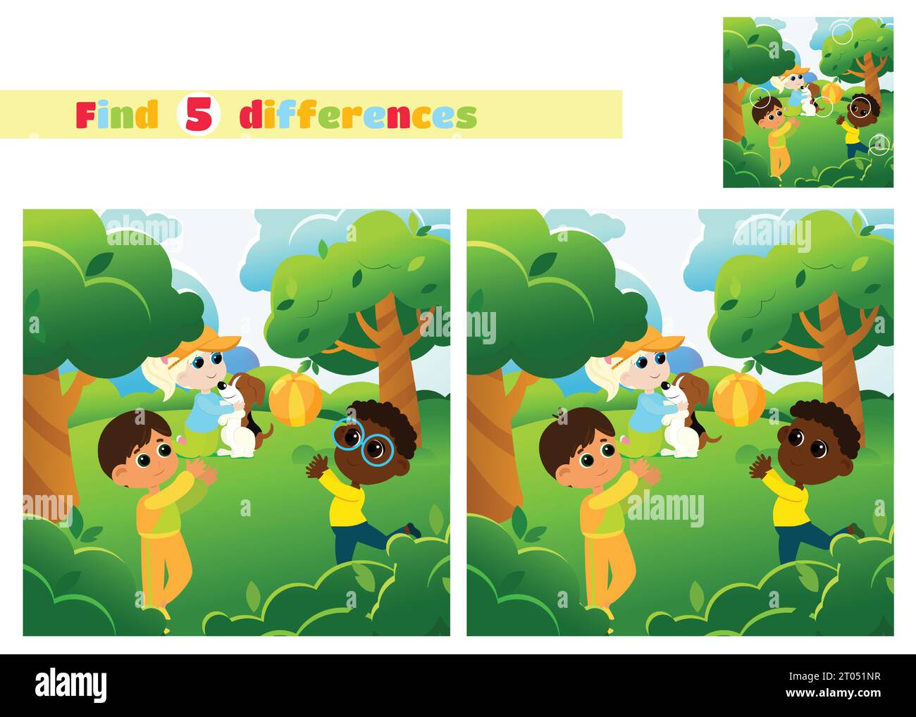 Find the differences. Children are playing in the park. The boys throw the ball and the girl plays with the dog in a cartoon style. An educational gam Stock Vector