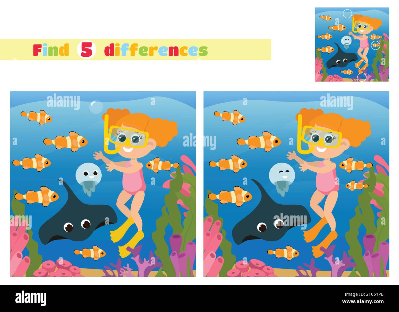 Find the differences. Girl aquadiver in the underwater world near corals and algae with fishes in cartoon style. An educational game for children. Stock Vector