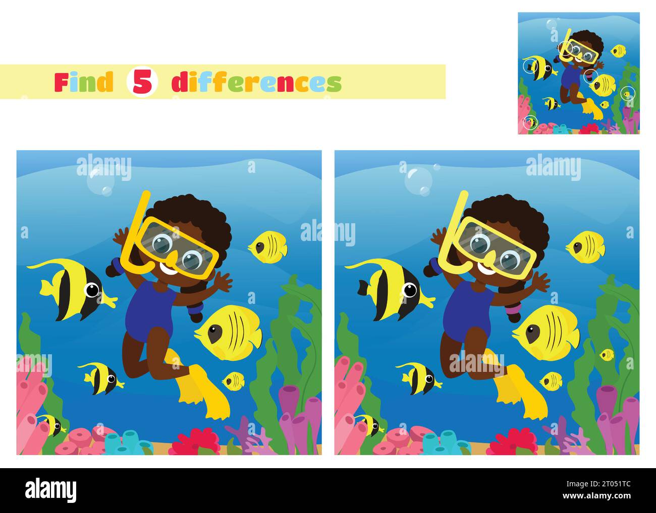 Find the differences. Girl aquadiver. Underwater world of corals and algae with fishes in cartoon style. An educational game for children. Stock Vector