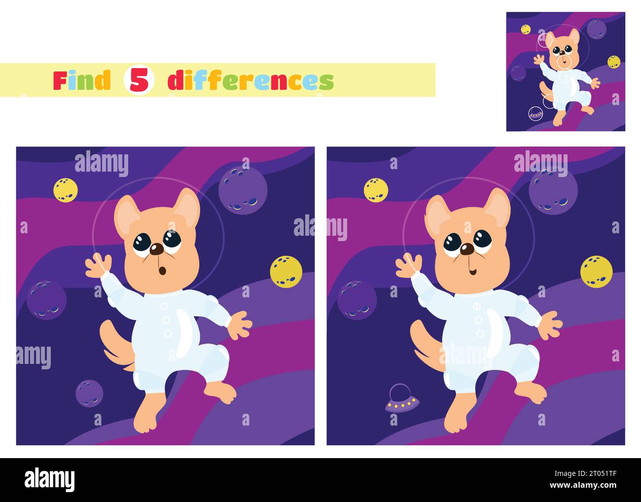 Find the differences. A small dog in an astronaut suit and helmet flies in space in a cartoon style. An educational game for children. Stock Vector
