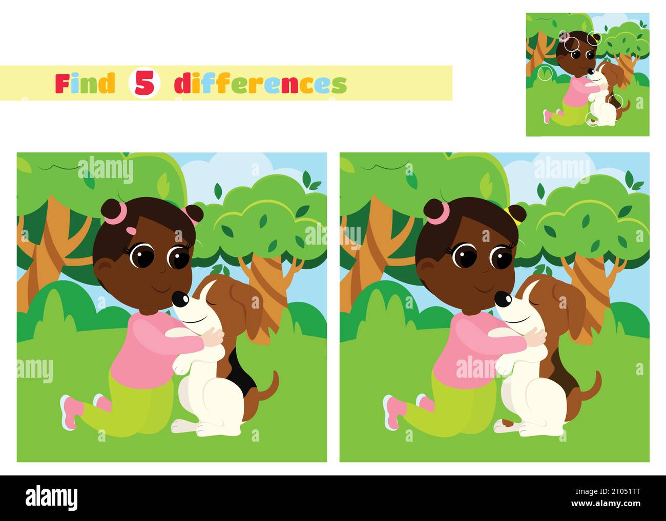 Find the differences. A cute girl and a dog play in nature near trees and bushes. An educational game for children in elementary school. Stock Vector