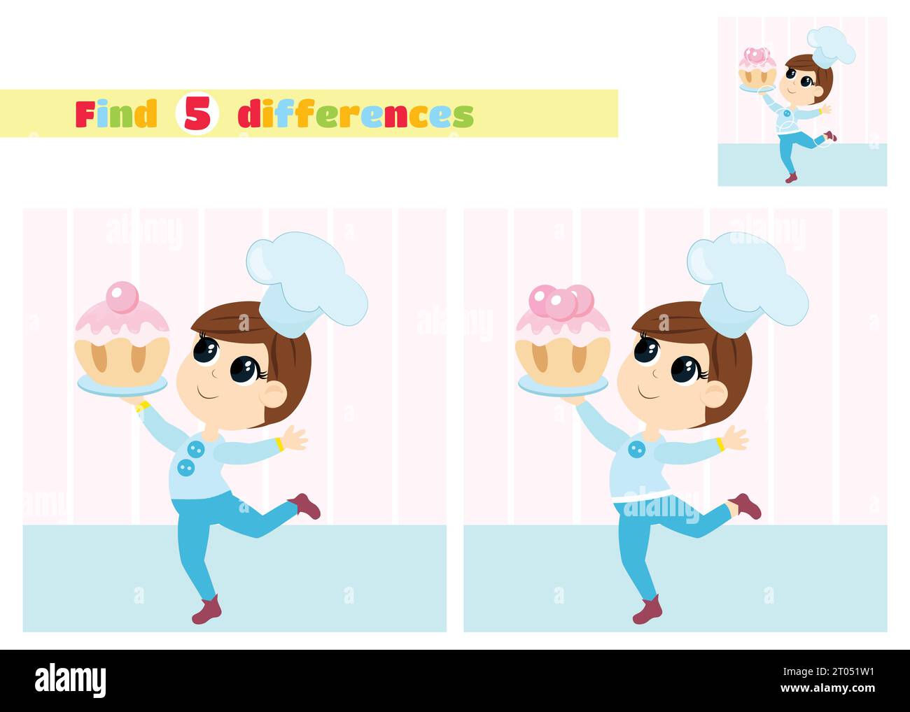Find the differences. A boy carries a decorated cupcake on a tray. The boy is dressed in a chef's hat. An educational game for children. Stock Vector