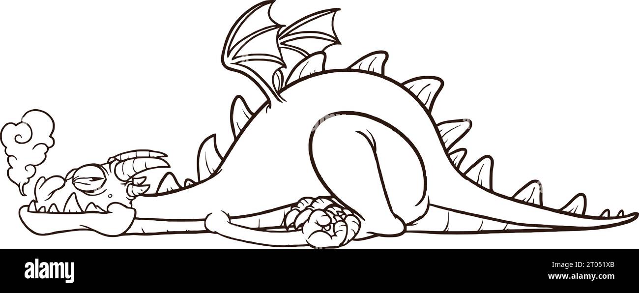 Lazy dragon laying down coloring page for kids Stock Photo