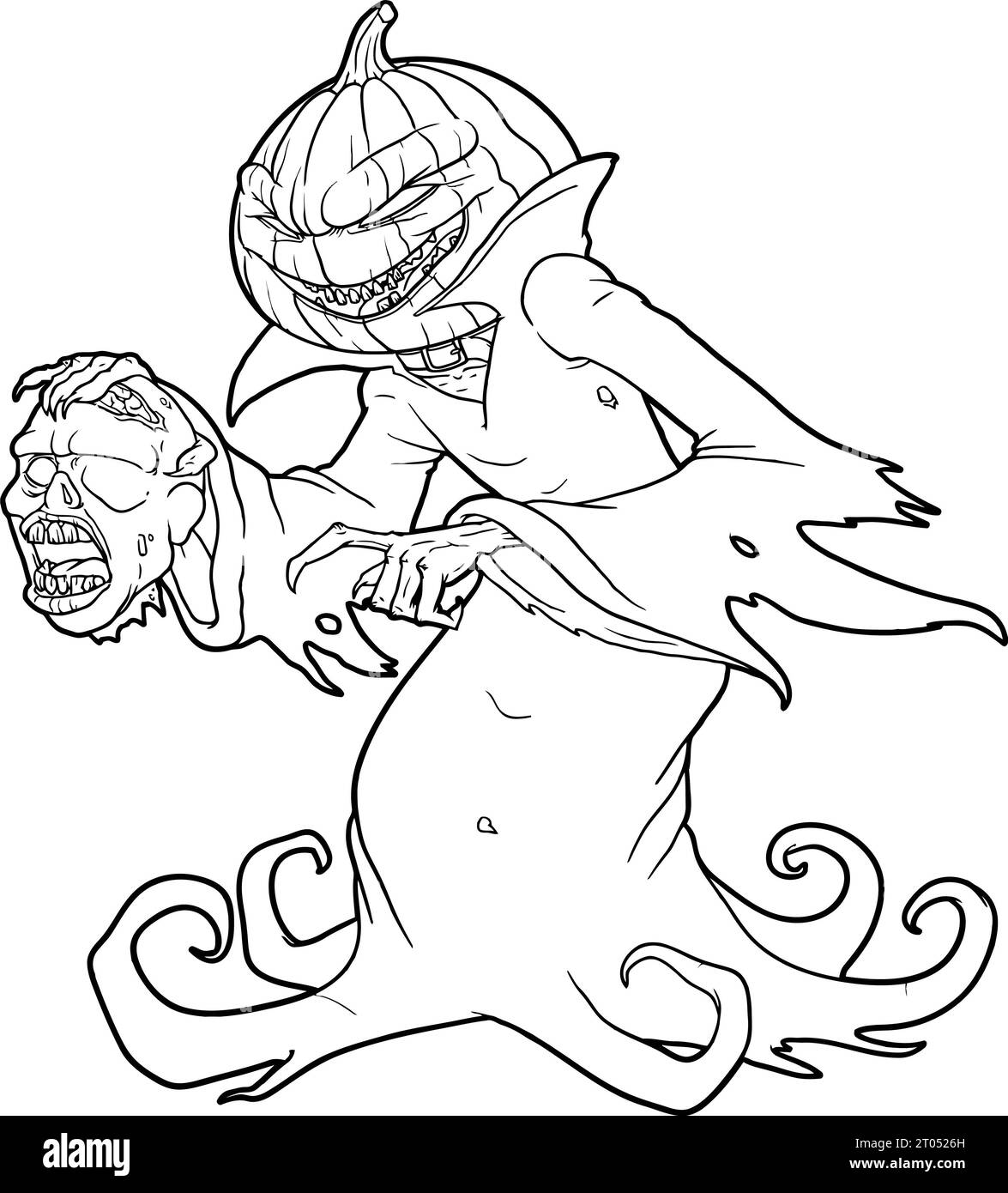 Scary Halloween pumpkin monster holding a severed zombie head coloring page for kids and adult Stock Photo