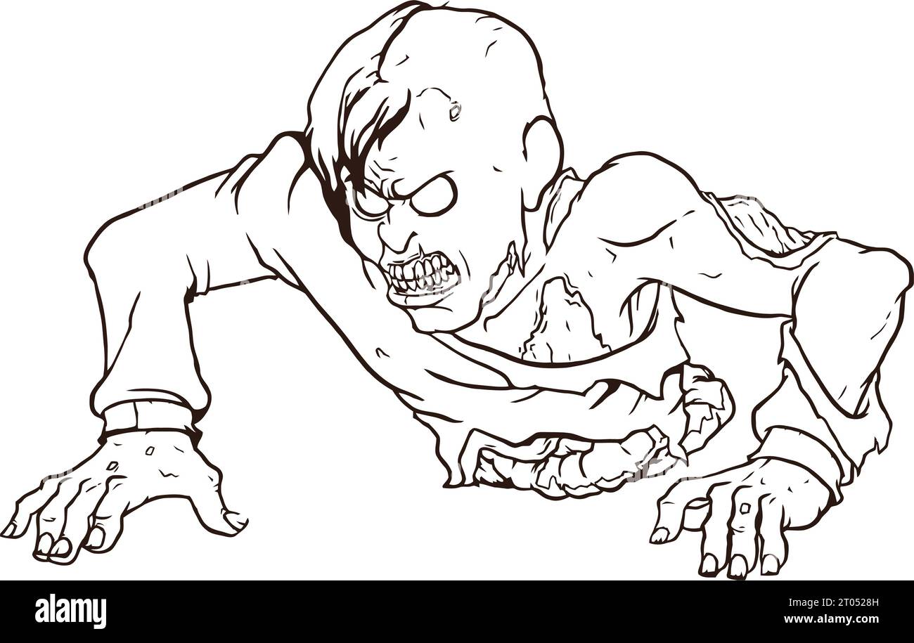 Zombie with no legs crawling coloring page for kids and adult Stock