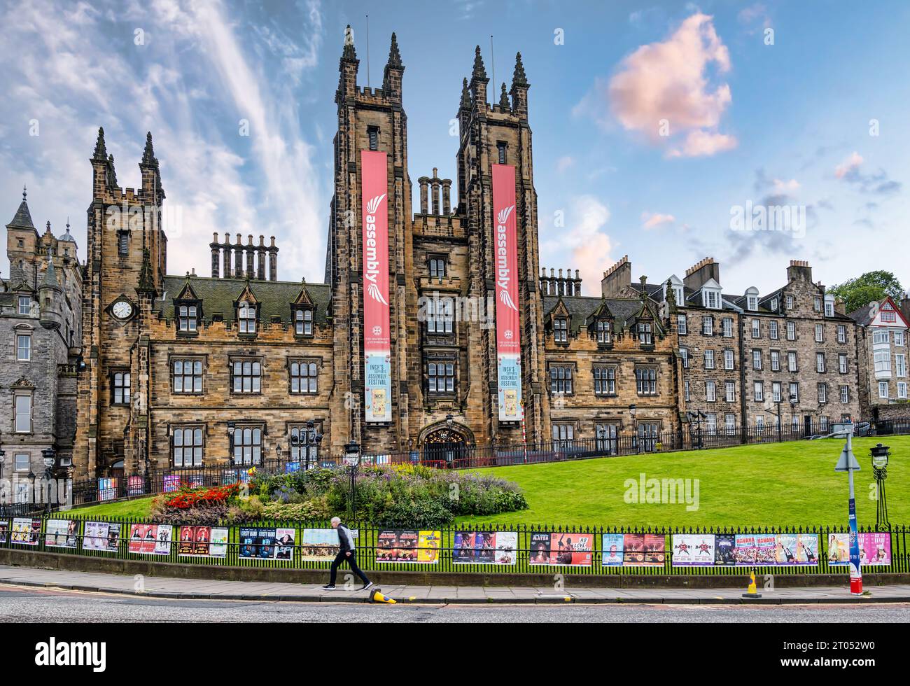 Assembly on The Mound during Edinburgh Festival Fringe with fringe show posters on railing, scotland, UK Stock Photo