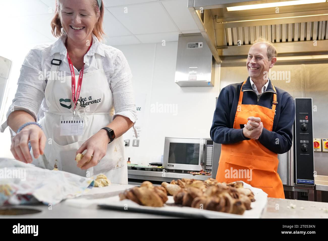 The Duke of Edinburgh, in his role as Patron of the Duke of Edinburgh's Award (DofE) charity, takes part in a cookery class during a visit to Brighton Hove and Sussex Sixth Form College in Brighton, East Sussex, to hear from young people making a difference in their communities through their DofE. Picture date: Wednesday October 4, 2023. Stock Photo