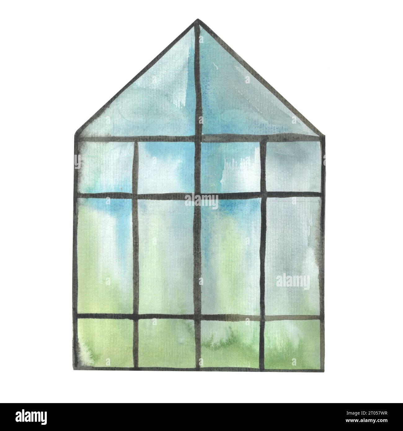 greenhouse for plants, a structure for growing plants in a vegetable garden or garden, hand-drawn in watercolor Stock Photo