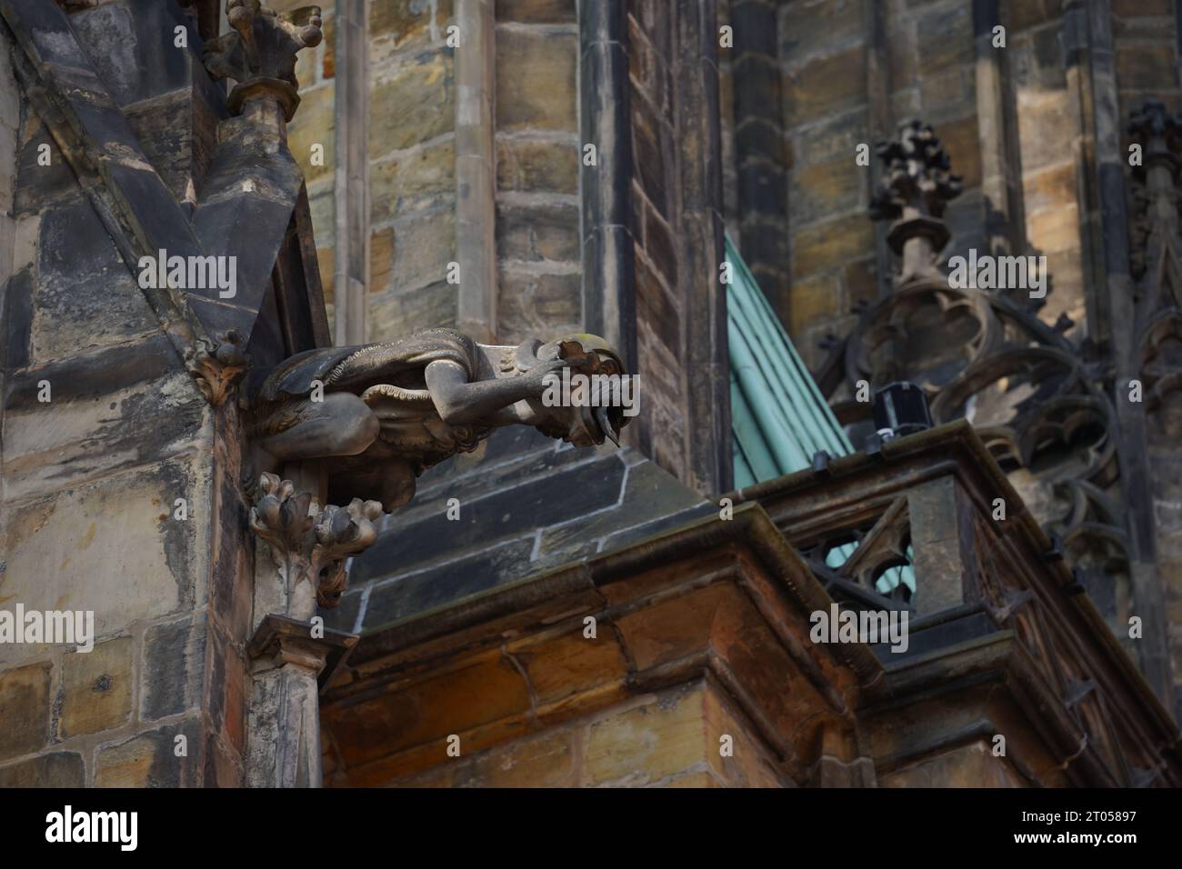 Gargoyles. Detailed view of St. Vitus cathedral in Prague Castle (Pražský Hrad) in Prague, Czech Republic. Stock Photo