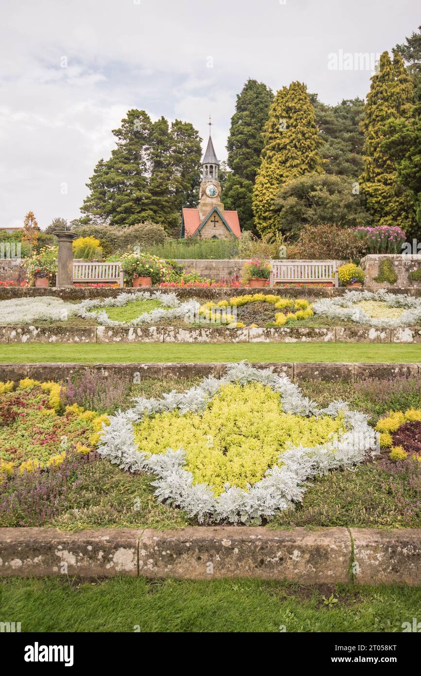 Cragside House Clock Tower from the formal gardens, Cragside, Rothbury