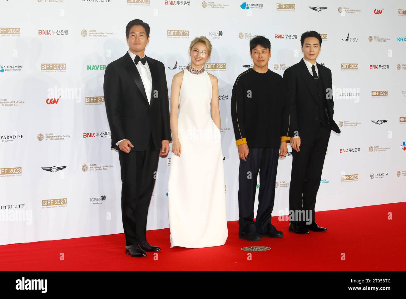 Busan, South Korea. 4th Oct, 2023. Oct 4, 2023-Busan, South Korea-From Left Actor Yu Ji Tae, Actress Kim So Jin, Director Choi Jung Yeol, Actor Lee Jun Hyeok pose for photowall during the 28th Busan International Film Festival Red Carpet Event at Busan Cinema Center in Busan, South Korea (Credit Image: © Ryu Seung-Il/ZUMA Press Wire) EDITORIAL USAGE ONLY! Not for Commercial USAGE! Stock Photo