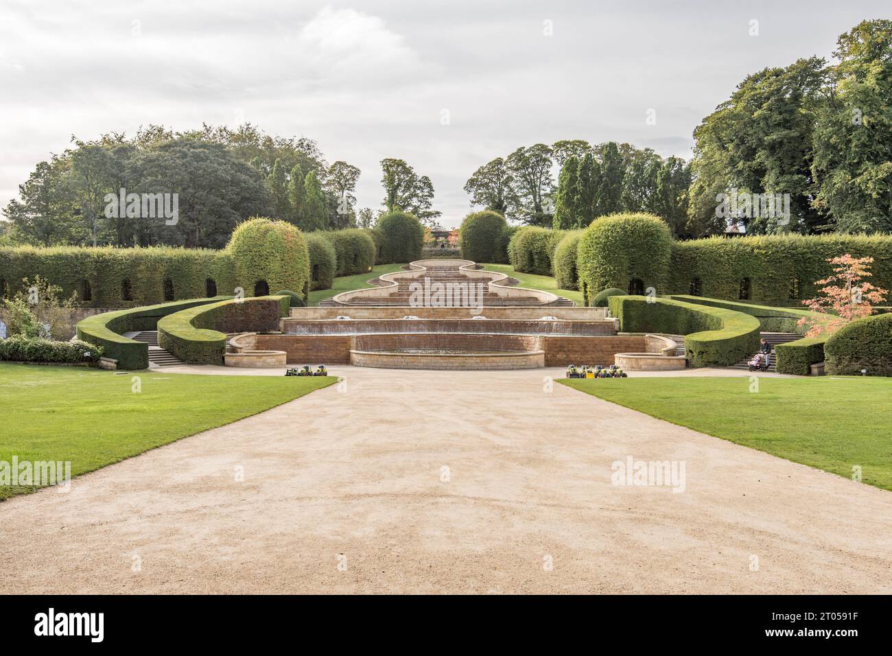 The Grand Cascade, a famous water feature in Alnwick Gardens Northumberland, is the centrepiece