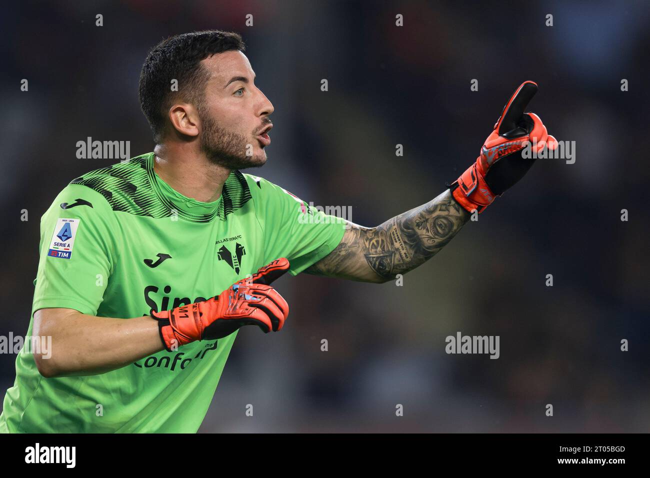 Lorenzo Montipo of Hellas Verona FC gestures during the Serie A football match between Torino FC and Hellas Verona FC. Stock Photo