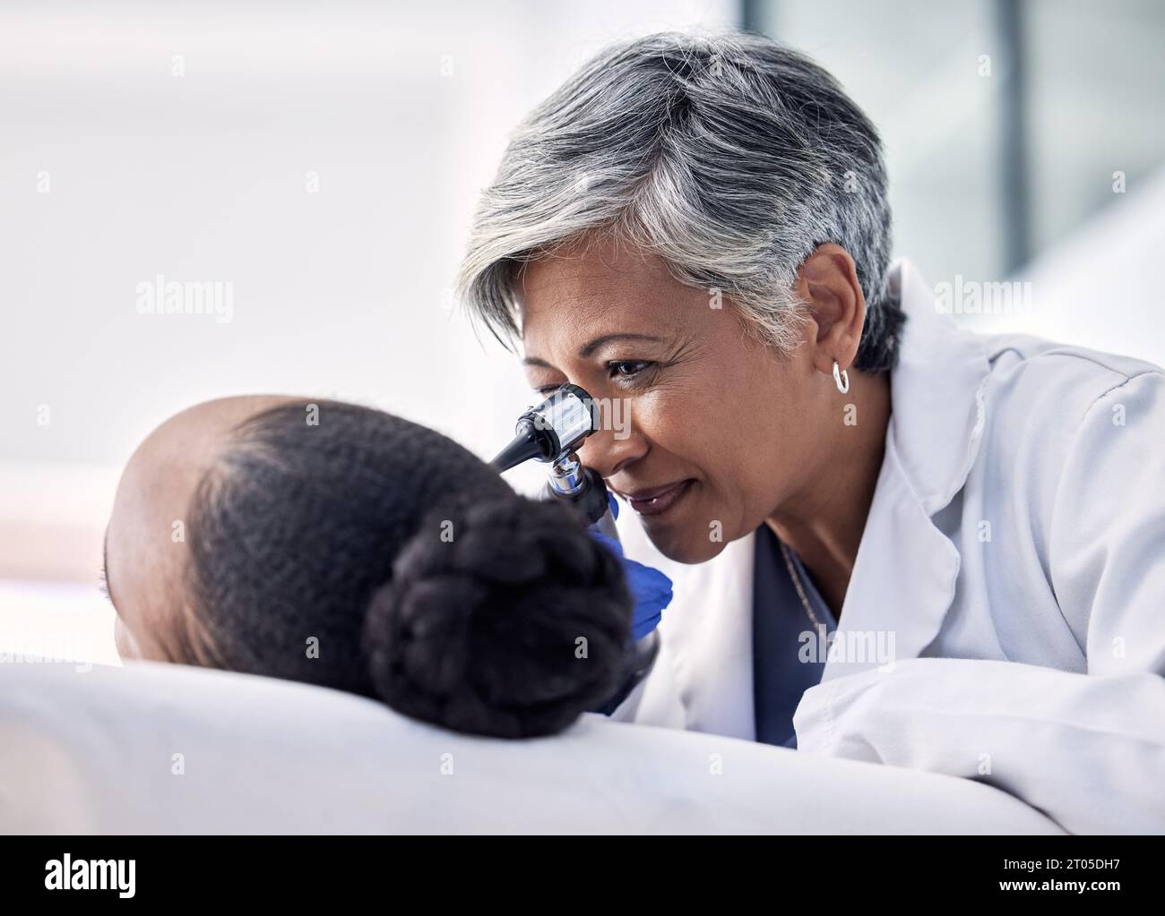 Ear, test and doctor check patient with hearing problem from infection